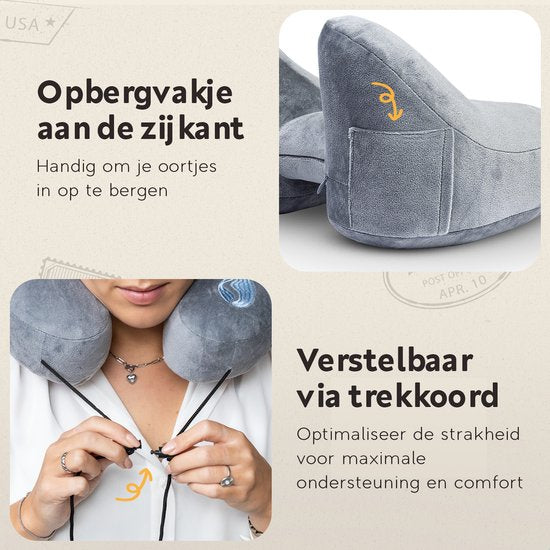 TRAVARA Opblaasbaar Nekkussen - The Airsnoozer - Reiskussen - Voor Vliegtuig en Auto - Met Oordoppen - Nek Kussen - Grijs
