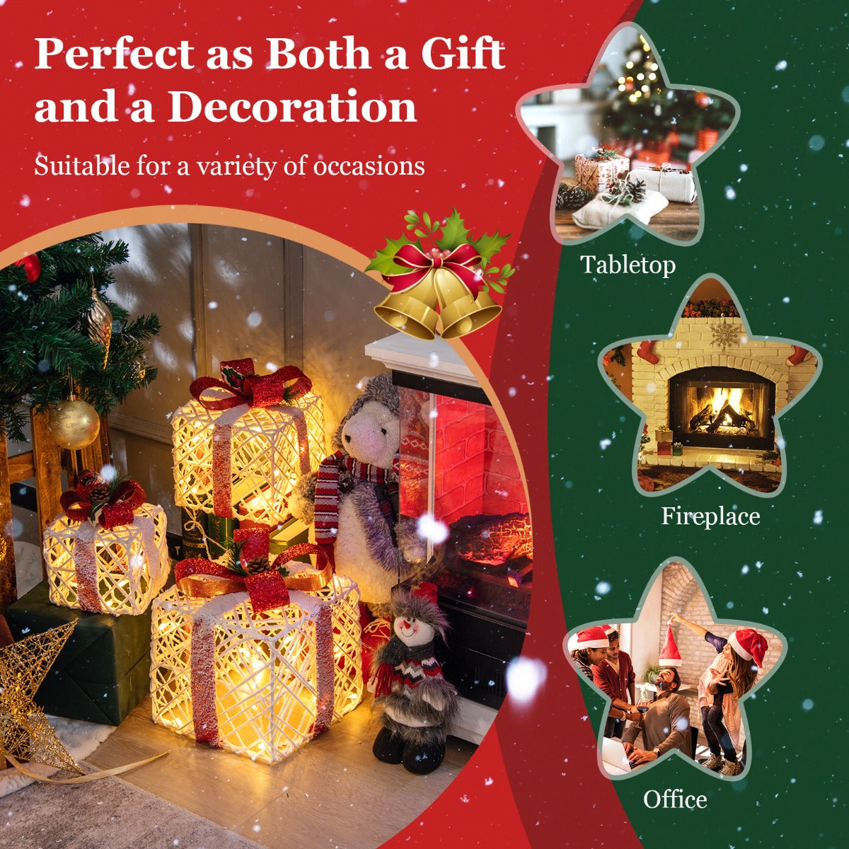 Set van 3 LED-Geschenkdozen op Batterijen Werkende Geschenken met Rode Strikken 60 LED-verlichting