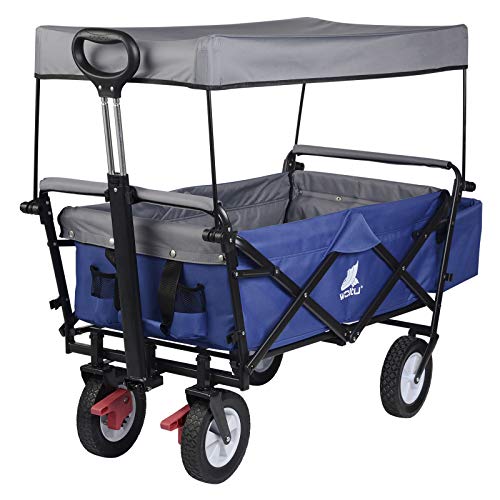 Woltu Transportwagen Opvouwbaar - Stevig Stalen Frame Blauw - 80 kg Draagvermogen, Met Rem en Afneembare Zonneklep - 4 Zwenkwielen 100x50x90 cm