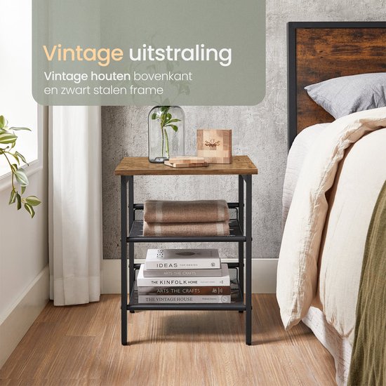 O'DADDY® Bijzettafel Vierkant - Bijzettafels - Nachtkastje - Bijzet tafel - Bijzettafeltje - Kleine Banktafel - Salontafels - Laptoptafel - Koffietafel Industrieel - Tafeltje - Verstelbare Roosterplanken - 40x40x55 cm - Vintage Bruin/Zwart