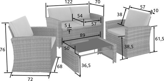 tectake® - Wicker zitgroep tuinset loungeset Lucca - bank/2 stoelen/tafel met glasplaat - natuurkleur - 404916 - poly-rattan