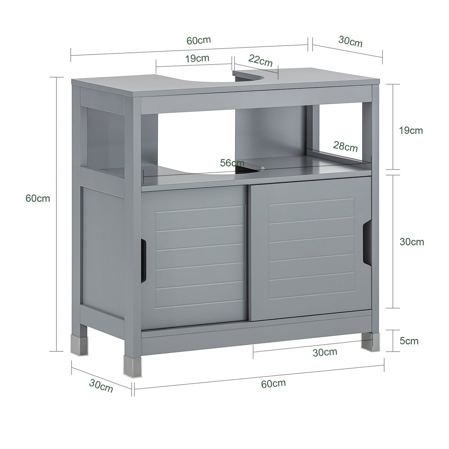 SoBuy Wastafelonderkast FRG128-II-SG - 2 Deuren - 1 Open Plank - 30 x 60 x 60 cm - Grijs