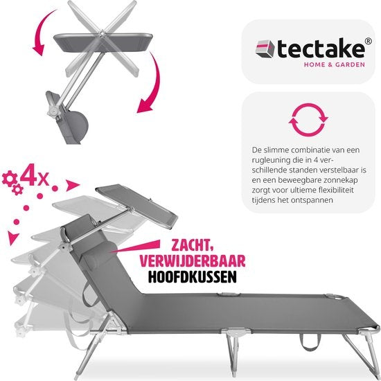 tectake® - ligstoel, robuust, verstelbaar, stalen onderstel met zonnescherm, 4-standen rugleuning inclusief hoofdkussen, strandstoel Ideaal voor tuin, zwembad, camping - grijs