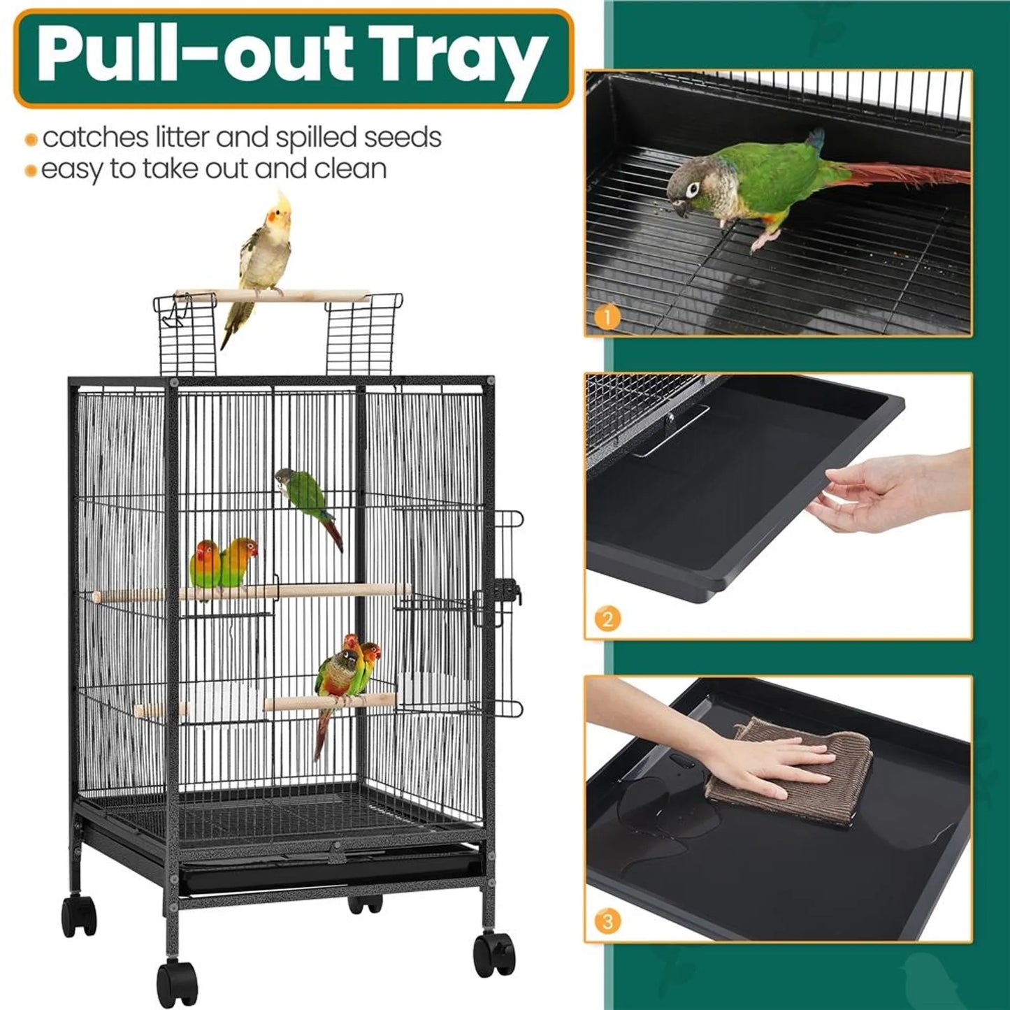 Yaheetech Vogelkooi Met Open Dak – 45,5 x 45,5 x 79 cm – Voorzien Van Verwijderbare Wielen En Uittrekbare Bodemlade En Gehamerde Poedercoating – Voor Grasparkieten En Kanaries – Zwart Metaal En Hout
