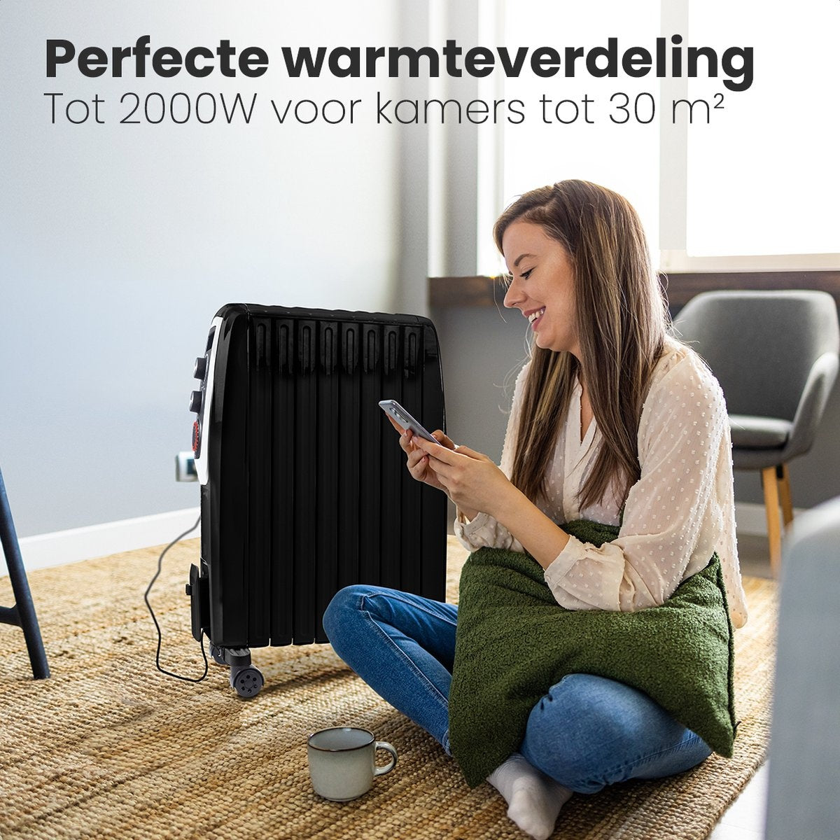 Auronic Elektrische Kachel – Olieradiator Met Thermostaat En Timer – 2000W – Compact En Mobiel – 47,5 x 26 x 67 cm – Zwart