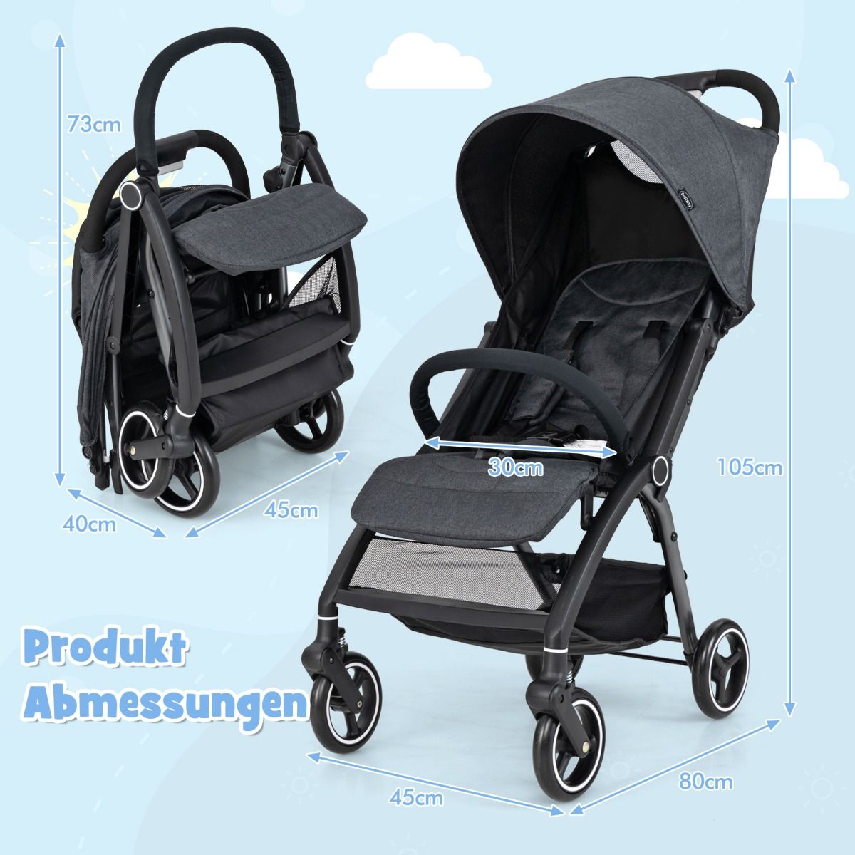 Coast Kinderwagen - lichtgewicht en inklapbaar - verstelbare rugleuning en zonnekap - grijs