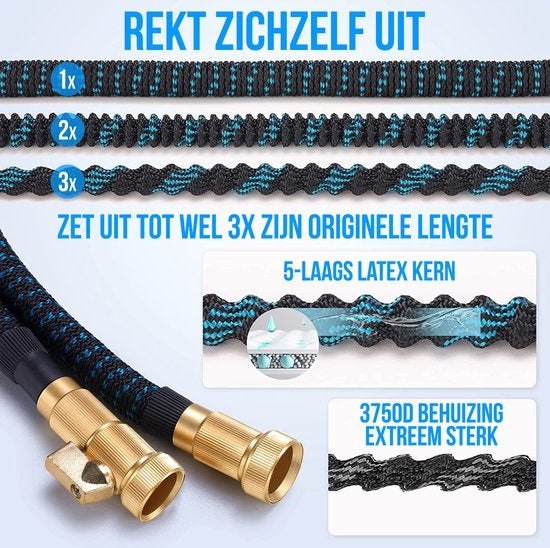 Strex Flexibele Tuinslang 15M met Sproeikop - Uitrekbaar - Incl. Koppelingen, Ophanghaak & Opbergzak