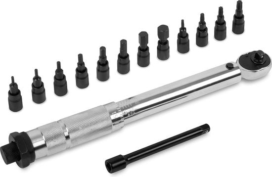 VONROC Momentsleutel ¼” - 265mm - 5-25Nm – Incl. 12-delige bitset  (8 x Inbus, 4 x Torx) en 100mm verlengstuk - in stevige opbergkoffer