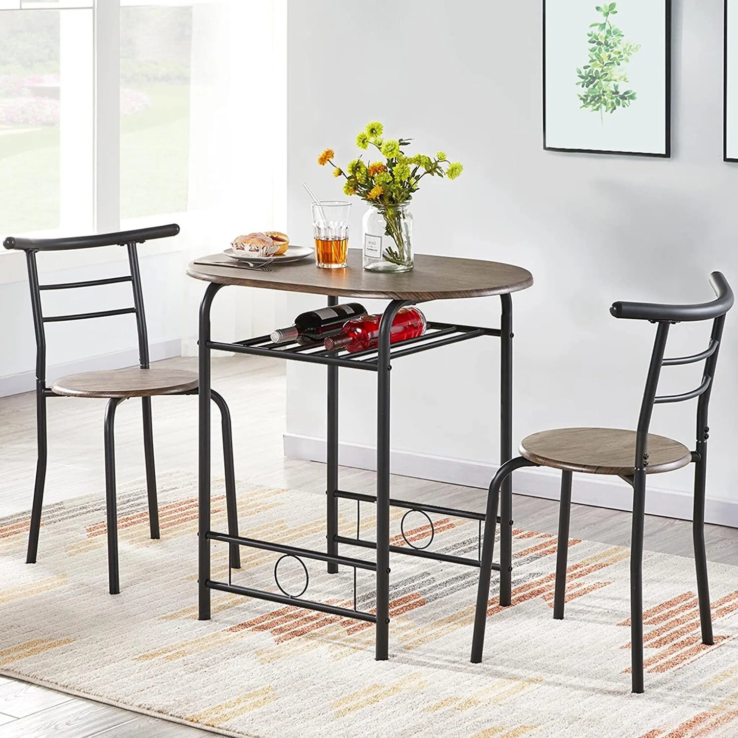 Yaheetech Eethoek Set Van 3 – Voorzien Van Tafel Met 2 Stoelen En Verstelbare Opbergplank En Waterafstotende Coating – Voor Keuken En Eetkamer – Drijfhoutbruin Metaal En MDF – 80 x 53 x 73,5 cm