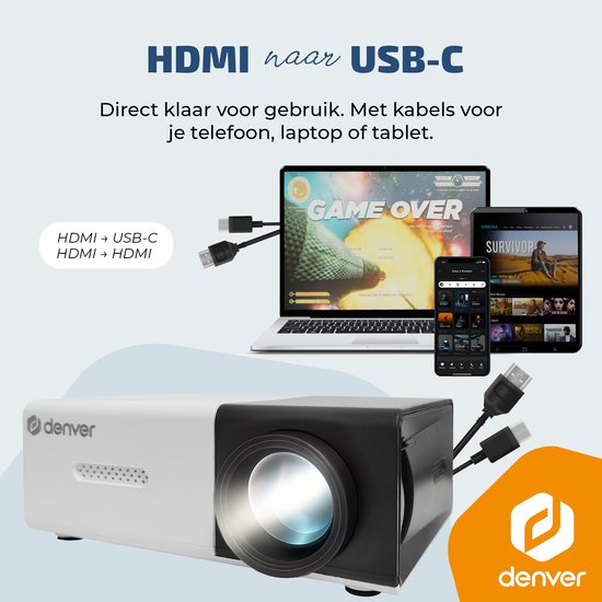 Denver Mini Beamer - Full HD 1920*1080P - 30 ANSI Lumen - Projector - Thuisbioscoop - HDMI - USB-C - PR1000