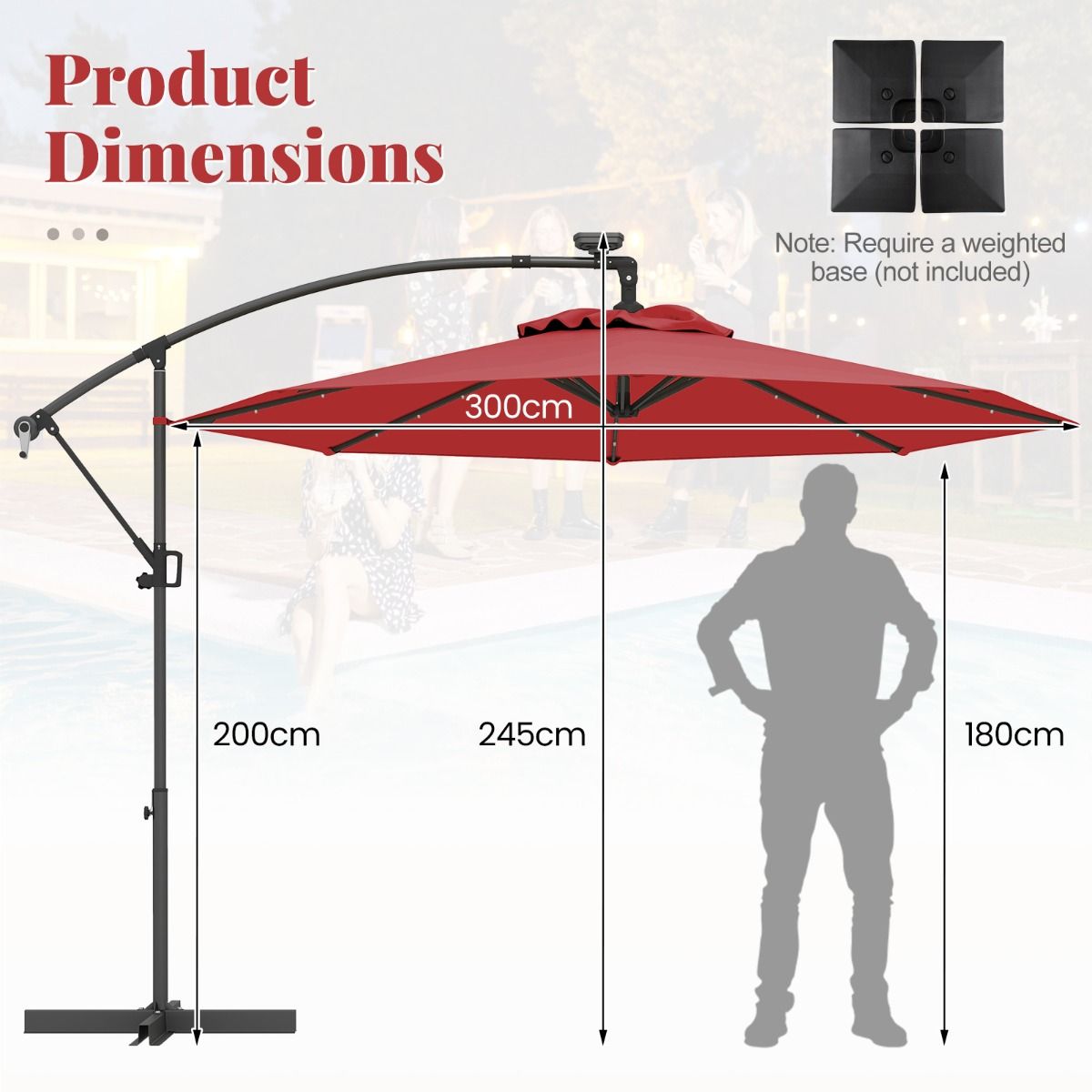 Coast vrijstaande parasol - 32 LED-lampjes - draaibaar en kantelbaar - rood - 300 cm