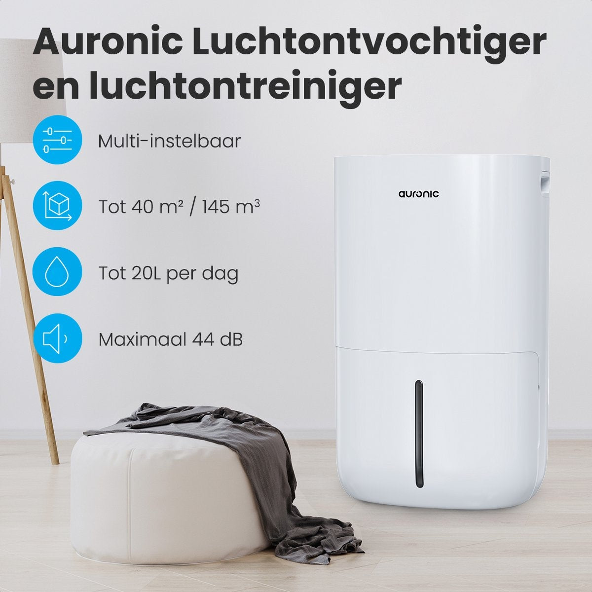 Auronic Luchtontvochtiger en Luchtreiniger - Slaapkamer en Woonkamer - Ontvochtigt 20L per Dag - Was-droog Functie - Wit