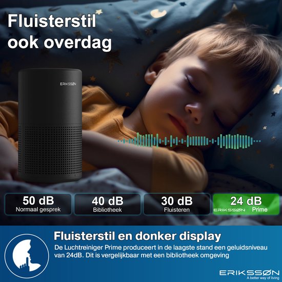 Erikssøn Air Pure Prime Luchtreiniger – Compact – HEPA 13 & Koolstoffilter – 70 m³/u – Stil & Energiezuinig – Zwart – 14,5x14,5x25,5 cm