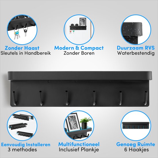 Happy Goods® - Sleutelrekje - sleutelhouder - zelfklevend, magnetisch en schroefjes - RVS - Zwart