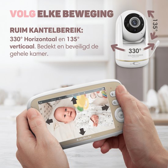 Vulpes Goods® Babycare - Babyfoon met Camera - Babymonitor met Camera en VOX - 5 inch FULL HD Scherm - Op afstand bestuurbaar - Baby Camera - Babyfoons met Geluidsdetectie - Nightvision - PRO Versie - Wit