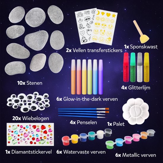 Vaive Stenen Schilderen 61-delig – Glow in the Dark Happy Stones – Knutselen - Knutselset voor Meisjes & Jongens - Knutselpakketten