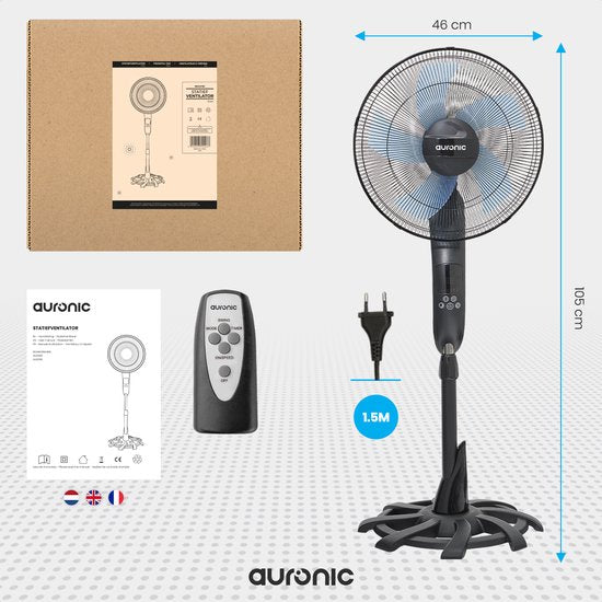 Auronic Statiefventilator - Staande Ventilator met Afstandsbediening - Timer - 50W - 53dB - Zwart