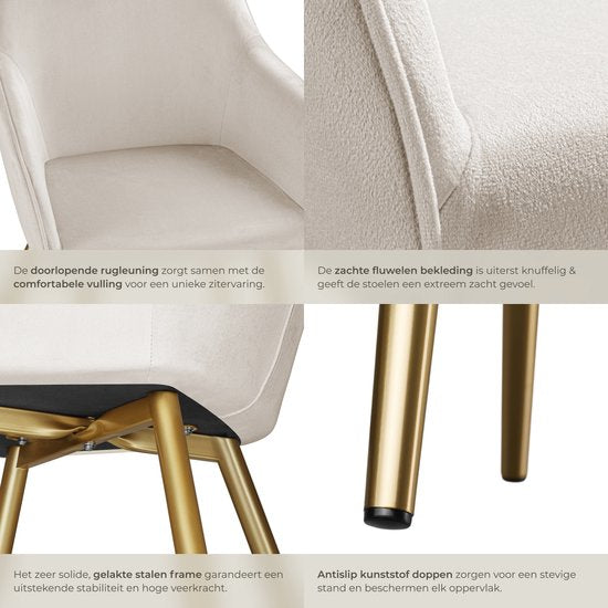 tectake® Eetkamerstoel Marilyn - Met Armleuningen - Elegante Stoel met Gevoerde Zitting in Fluweellook - Gestoffeerd - Gouden Metalen Poten - Ergonomische Keukenstoel - Stoel voor Woonkamer, Eetkamer en Slaapkamer - Taupe