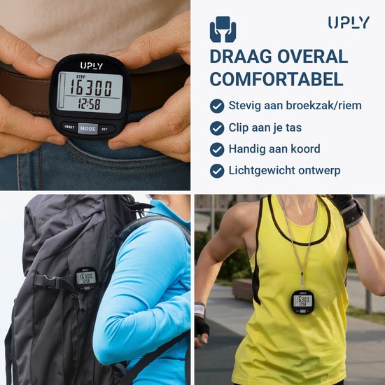 Uply Stappenteller met Clip & Draagkoord – 3D Sensor – Broekzak Pedometer – Inclusief Batterij – Zwart