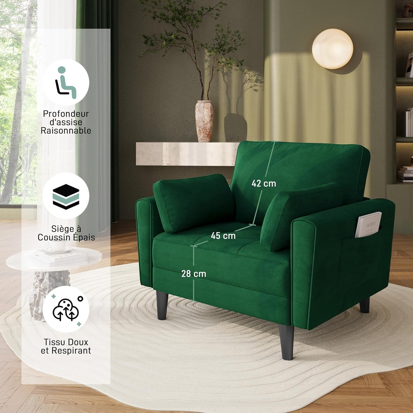 Yaheetech Moderne Woonkamerfauteuil met Armleuningen en Zakken Relaxfauteuil met Kussens Houten Frame Stoffen Slaapkamerfauteuil voor Woonkamer Groen