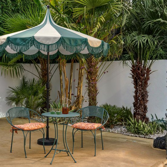 Mica Decorations Kim Gestreepte Parasol met Draagtas - Stokparasol 238 x Ø235 cm - Tuin of Balkonparasol - Polyester, Staal - Donkergroen