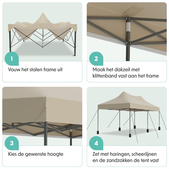 LifeGoods Partytent - Paviljoen - EasyUp - Opvouwbaar - Waterdicht - Met Draagtas met wielen - 300 x 600 cm - Beige