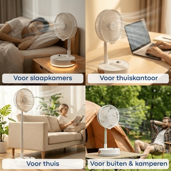 Aironex Opvouwbare Draagbare Ventilator – Stille Tafelventilator & Staande Ventilator – USB Oplaadbaar en Draadloos met LED-licht – Compacte Mini Ventilator voor Bureau, Slaapkamer, Thuis, Kantoor & Camping - Ventilatoren