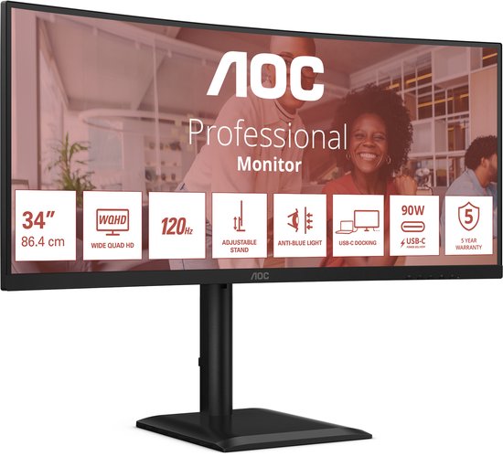 AOC CU34E4C - Gebogen Ultrabrede Zakelijke Monitor - USB-C 90w - 5 jaar Garantie - 34 inch