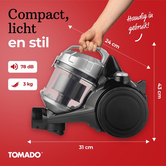 Tomado TVC2001B - Stofzuiger zonder stofzak - 2 liter - Zakloos - HEPA 12 filter - Lichtgewicht - Zwart