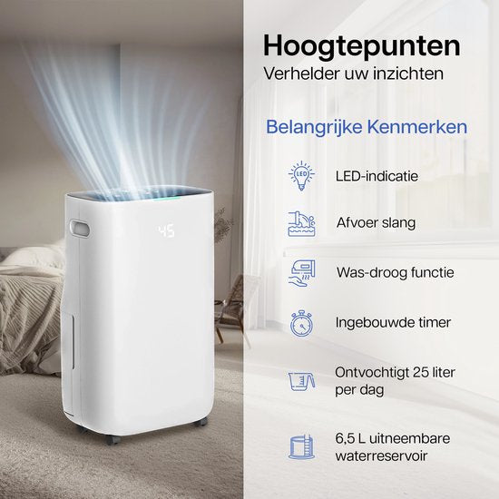 Komodo Luchtontvochtiger Humi S - 25L Per Dag - Slaapkamer, Badkamer, Huis & Kelder - Dehumidifier - Was-droog Functie - Voorkomt Schimmel