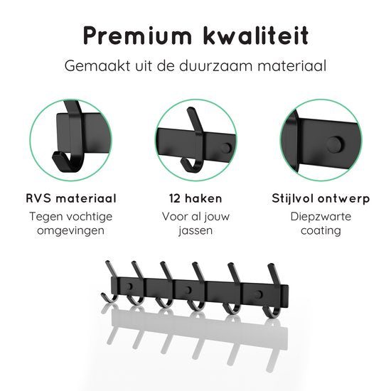 Volcan Wandkapstok - 12 Haken - RVS - Muur Kapstok Hangend - Industrieel - 3M Tape - Zwart