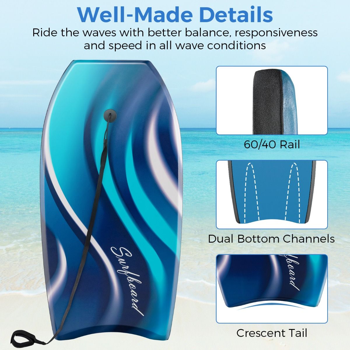Coast Lichtgewicht Bodyboard 104x52 cm – Blauw – Boogieboard met EPS-kern & HDPE-onderzijde voor Tieners en Volwassenen