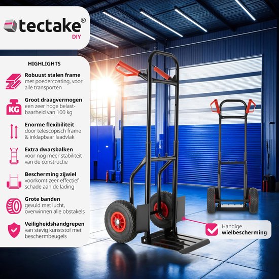 tectake® - Steekwagen tot 100kg - transportwagen - robuust met uittrekbaar frame.