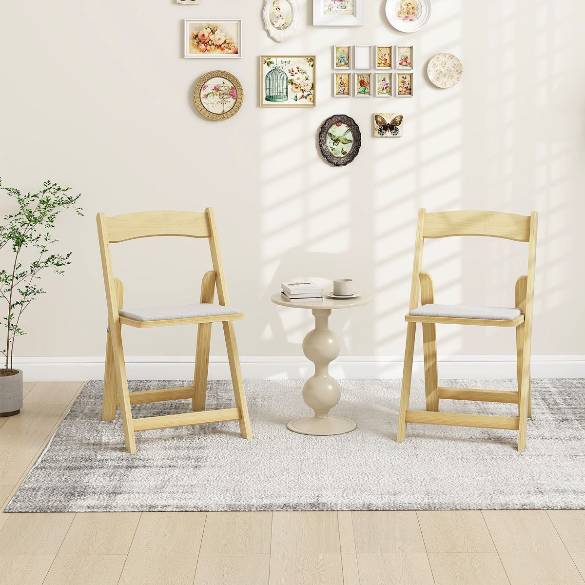 Coast Set van 2 Opvouwbare Eetkamerstoelen – 44x47x77 cm – Natuurkleur – Met Rubberhouten Poten en Gevoerde Zitting