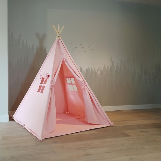 Sunny Alba Tipi Tent Pastel Roze - Wigwam Speeltent met ramen - 120x120x160cm - met Kussen kleed