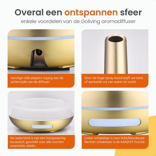 Goliving Aroma Diffuser - Luchtbevochtiger - Aromatherapie - Incl. 2x Etherische Olie - 10 LED kleuren - Geurverspreider - Goud