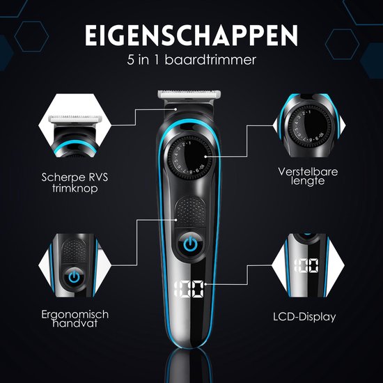 5-in-1 Baardtrimmer Mannen - 5 Verwisselbare Opzetstukken - Trimmer Baard en Lichaam - Bodygroomer - Neus en Oortrimmer