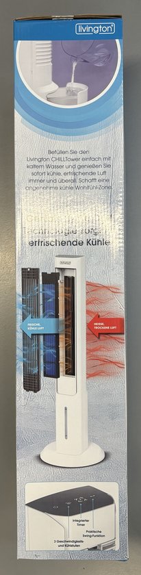 Livington ChillTower - Aircooler met waterkoeling - draagbare airconditioner met 3 niveaus - krachtige maxi-tower-luchtkoeler met tankvolume voor 12 uur koelen
