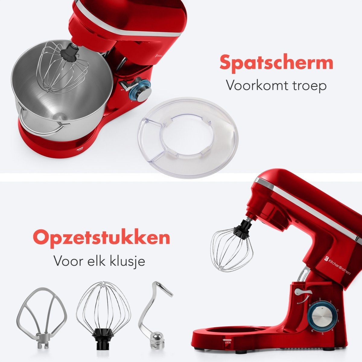 KitchenBrothers Keukenmachine - Keukenmixer - 6L Mengkom - 1400W - Rood