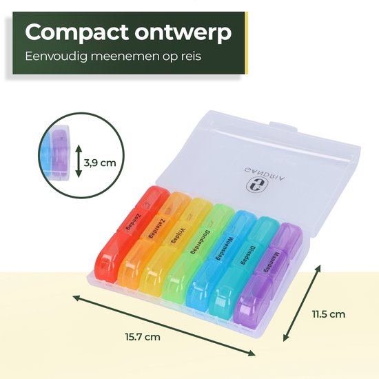 Gandria Pillendoos 7 Dagen - Uitneembaar Pillendoosje - Medicijndoos met 21 Compartimenten - Medicijndoos met Stevige Sluiting - 3 Vakken per Dag - 7 Kleuren
