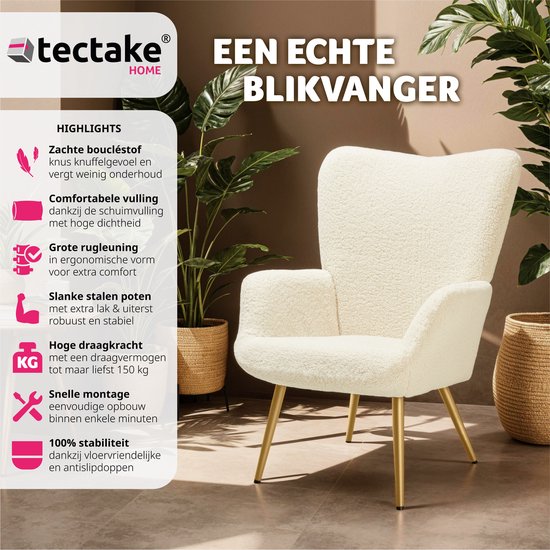 tectake® Oorfauteuil in Scandinavische stijl - Teddystoel Hygge - Stoel voor woonkamer, slaapkamer - Loungefauteuil - Goud metalen poten - Draagvermogen tot 150 kg - Crème