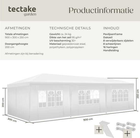 tectake® Paviljoen Miramas - Partytent 9x3 m - Wit - 8 verwijderbare Zijpanelen - UV en Waterbestendige Tuinpaviljoen - Inclusief Spanlijnen en Haringen - Overkapping