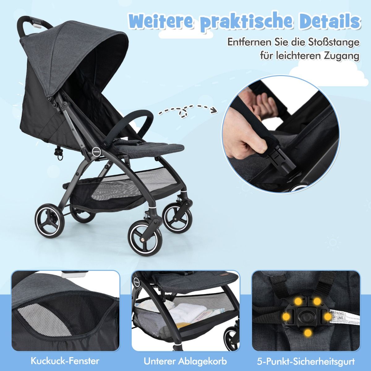 Coast Kinderwagen - lichtgewicht en inklapbaar - verstelbare rugleuning en zonnekap - grijs