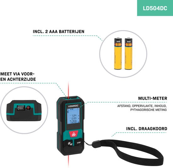 VONROC Laser Afstandsmeter – 20 meter bereik – Zeer compact formaat – meet afstand, oppervlakte, volume, Pythagorisch – aanpasbare meetreferentie – Inclusief batterijen