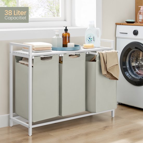 O'DADDY® Wasmand 3 Vakken - Uitschuifbare Wassorteerder met Plank - 114 Liter - 92,5 x 33 x 71 cm - Verstelbare Pootjes - Makkelijk te Monteren - Veelzijdig en Stijlvol Metaal - Wit