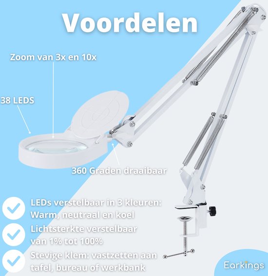 Earkings Loeplamp Vergrootglas met Verlichting - Loeplamp met LED Verlichting inclusief Tafelklem en 3 Lichtkleuren - Loep Vergroot 3x tot 10x en is 360 Graden draaibaar Wit