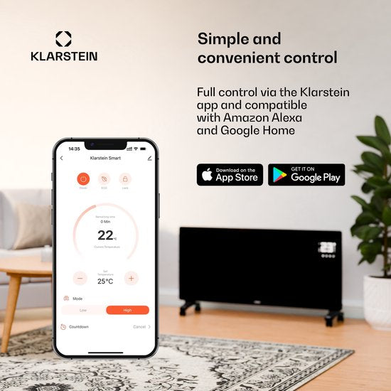 Klarstein energiezuinige, elektrische verwarming voor thuis, 2000 W slimme, vrijstaande, energiezuinige convectorkachel met thermostaat, slank draagbaar design, stille verwarming, opslagverwarming en wandgemonteerde paneelverwarming