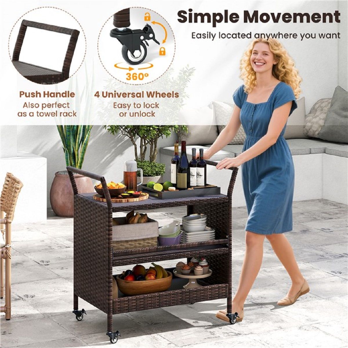 Coast Buitenbarwagen - 3 lagen - Rattan met vergrendelbare wielen - Bruin - 86 x 50 x 89 cm