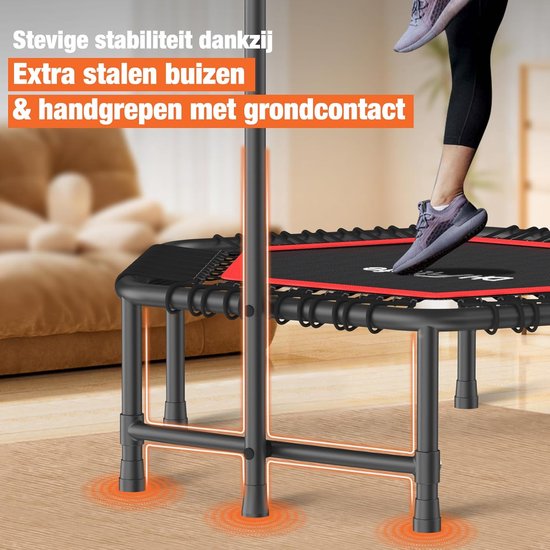 DH FitLife Fitness Indoor Trampoline | Ø114cm 45 inch Mini Trampoline voor Cross Jumping | Draagvermogen 150 KG | Met 3 verstelbare handgreepstanden | Stabie