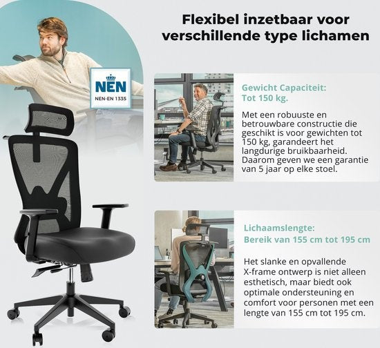 Backerz – Ergonomische Bureaustoel – 44-56 cm Zithoogte & EN1335 Gecertificeerd – Voorzien Van 3D Armleuningen En Verstelbare Lendensteun – Voor Kantoor En Gaming – Zwart Polypropeen En Mesh